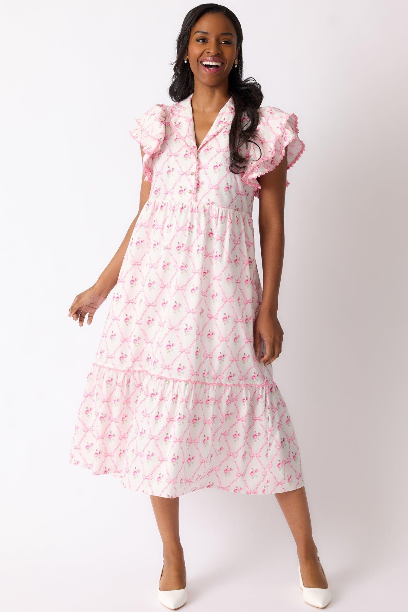 Brunch & Beyond Cotton Light Pink Floral Midi Dress Product Image