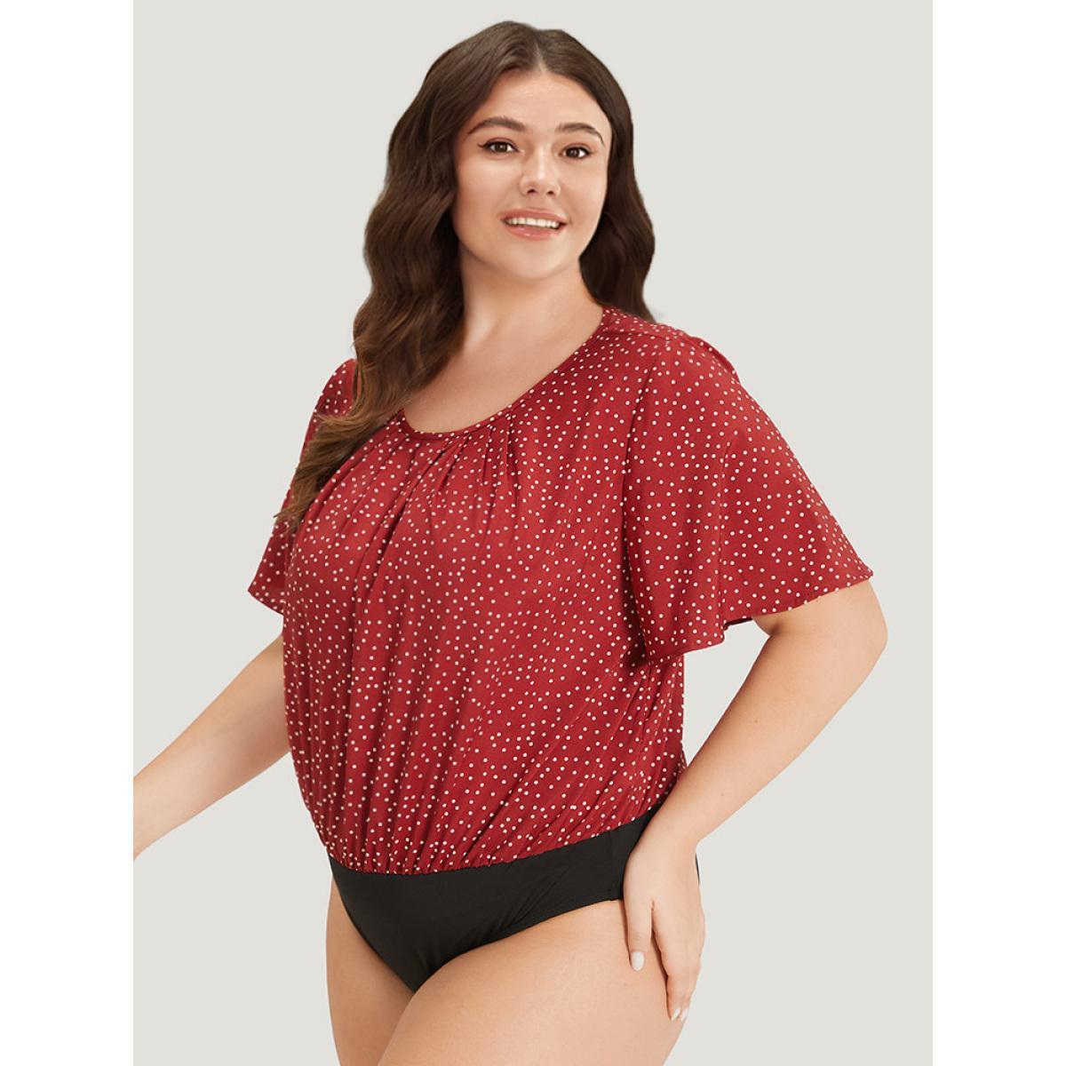 Plus Size Polka Dot Elastic Waist Plicated Detail Ruffle Sleeve Bodysuit Women Red Polka Dot Pleated Bodysuits BloomChic 22-24/3X Product Image