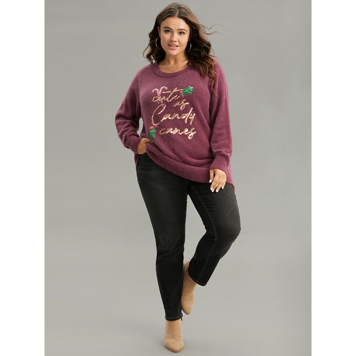 Plus Size Christmas Sequin Embroidered Fluffy Pullover Burgundy Women Casual Loose Long Sleeve Round Neck Festival-Christmas Pullovers BloomChic 28/5X Product Image