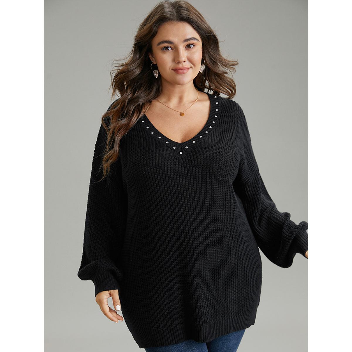 Plus Size Rhinestone V Neck Drop Shoulder Pullover Black Women Casual Loose Long Sleeve V-neck Dailywear Pullovers BloomChic 10/M Product Image