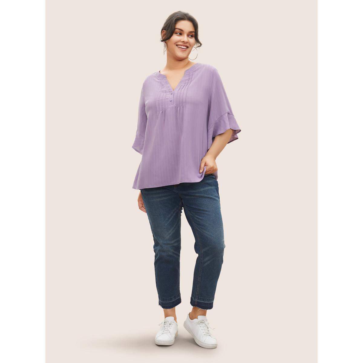 Plus Size Mauve Plain Tucked Seam Button Up Flutter Sleeve Blouse Women Work From Home Half Sleeve Flat collar Work Blouses BloomChic 14-16/1X Product Image