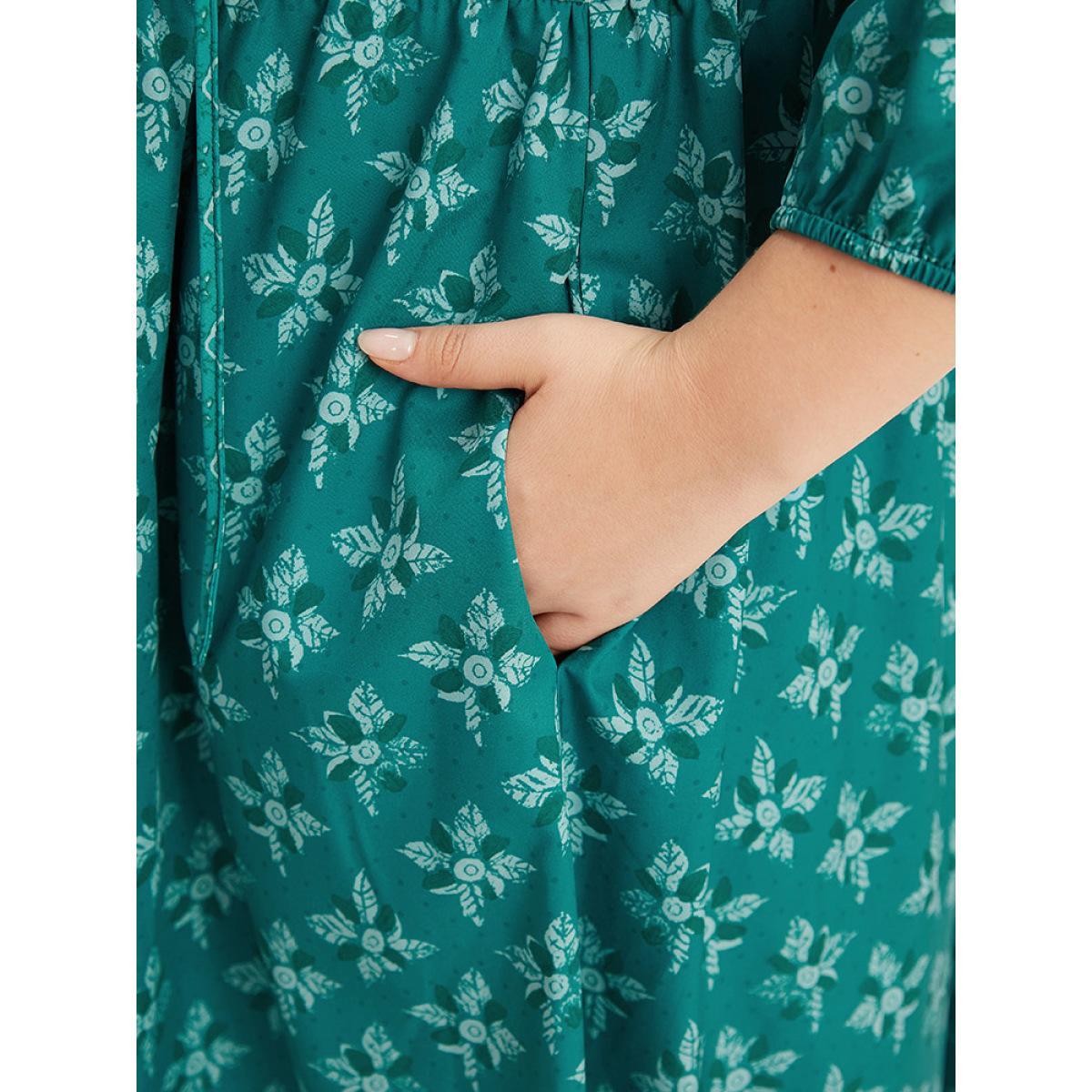 Plus Size Bandana Print Tie Neck Button Detail Dress Emerald Women Vacation Elastic cuffs Tie Neck Elbow-length sleeve Curvy Midi Dress BloomChic 22-24/3X Product Image