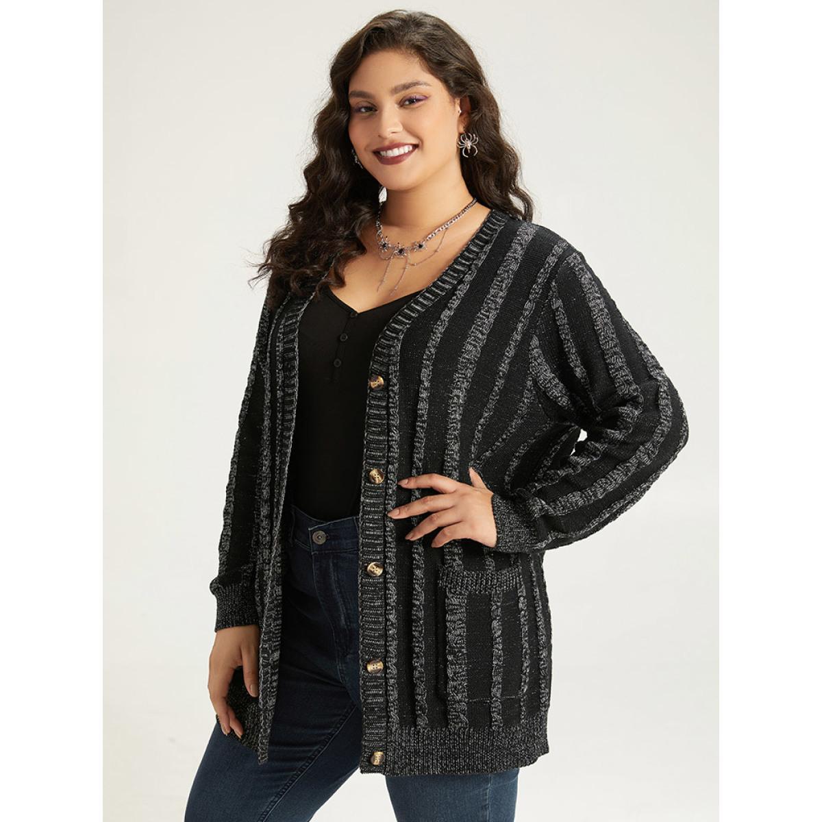 Plus Size Halloween Striped Patched Pocket Button Up Cardigan Black Women Casual Loose Long Sleeve Festival-Halloween Cardigans BloomChic 30/6X Product Image