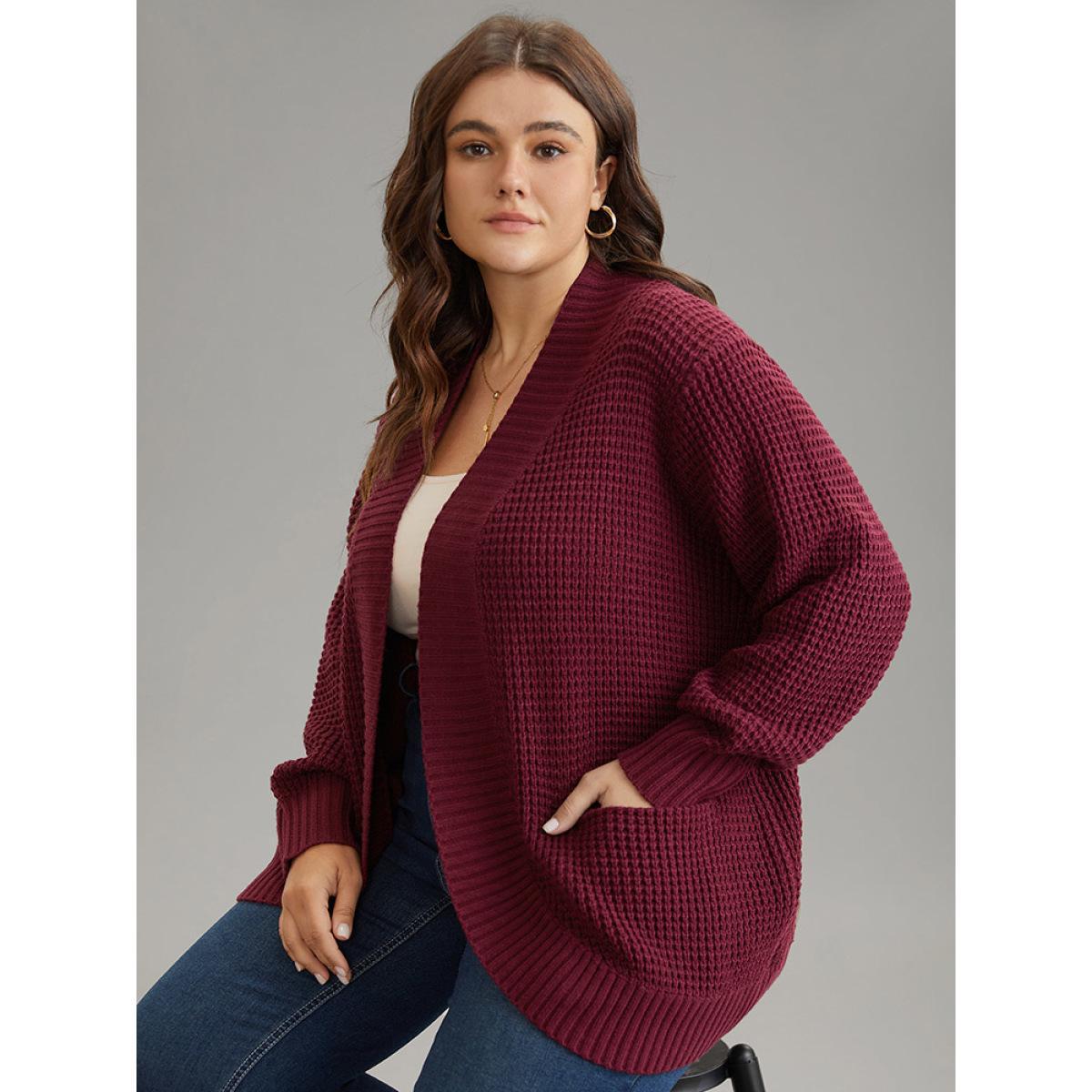Plus Size Plisse Patched Pocket Curved Hem Open Front Cardigan Burgundy Women Casual Loose Long Sleeve Everyday Cardigans BloomChic 14-16/1X Product Image