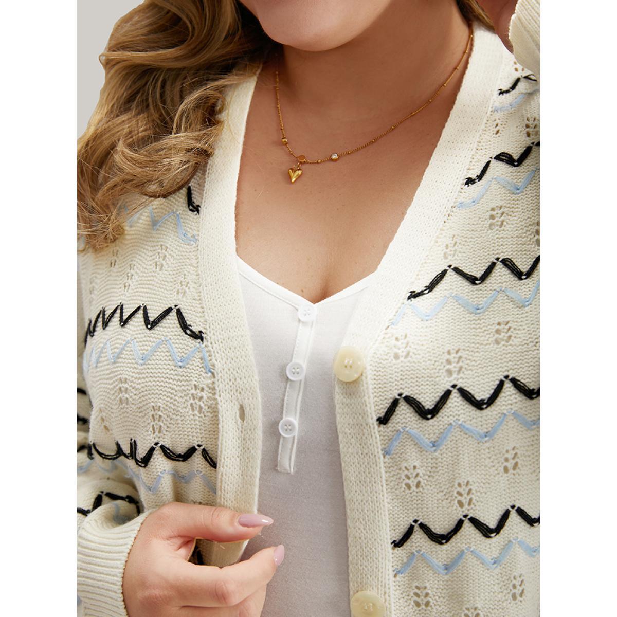 Plus Size UltraCool Wave Striped Eyelet Button Through Cardigan Beige Women Casual Loose Long Sleeve Everyday Cardigans BloomChic 28/5X Product Image