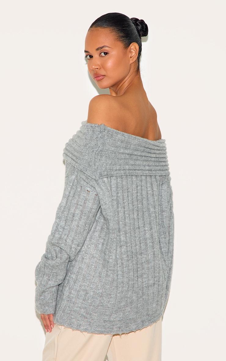 Grey Asymmetric Rib Knit Long Sleeve Top Product Image