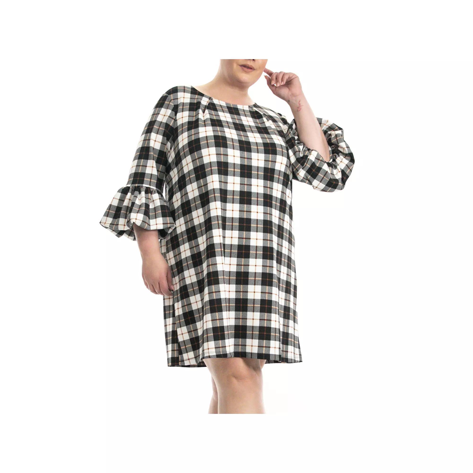 Plus Size Nina Leonard Balloon Sleeve Shift Dress, Women's, Size: 3XL, Ivory Black Mocha Product Image