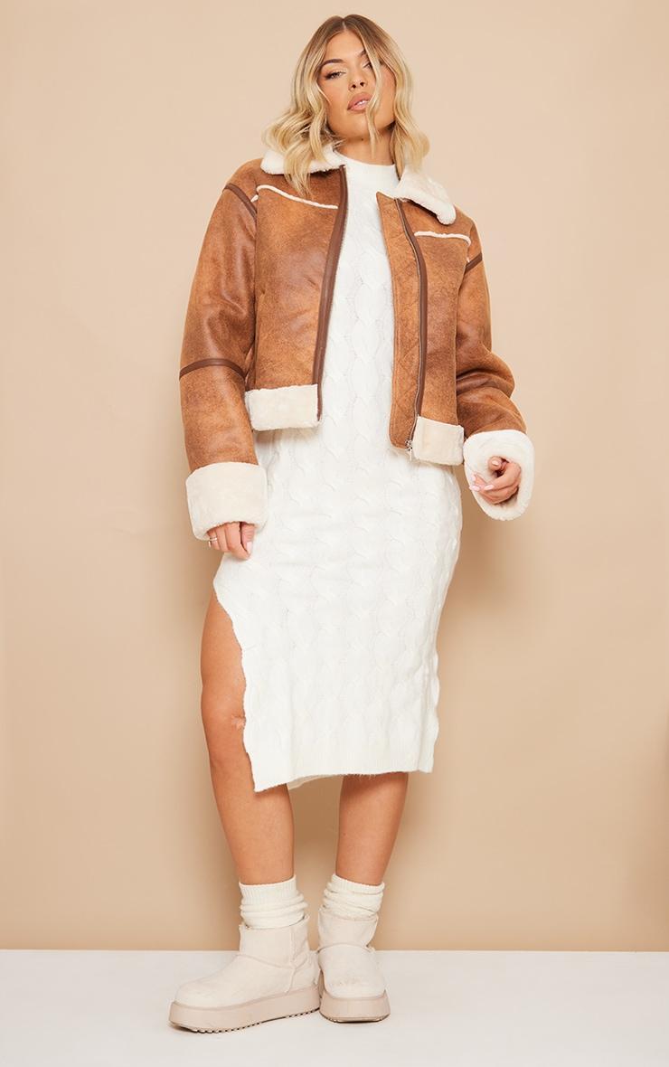 Brown Distressed Faux Suede Faux Fur Lined Cropped Jacket Product Image