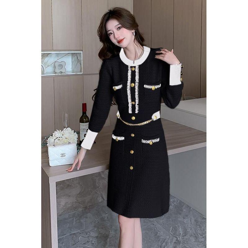 Long-Sleeve Crew Neck Plain Contrast Trim Knit A-Line Dress Product Image