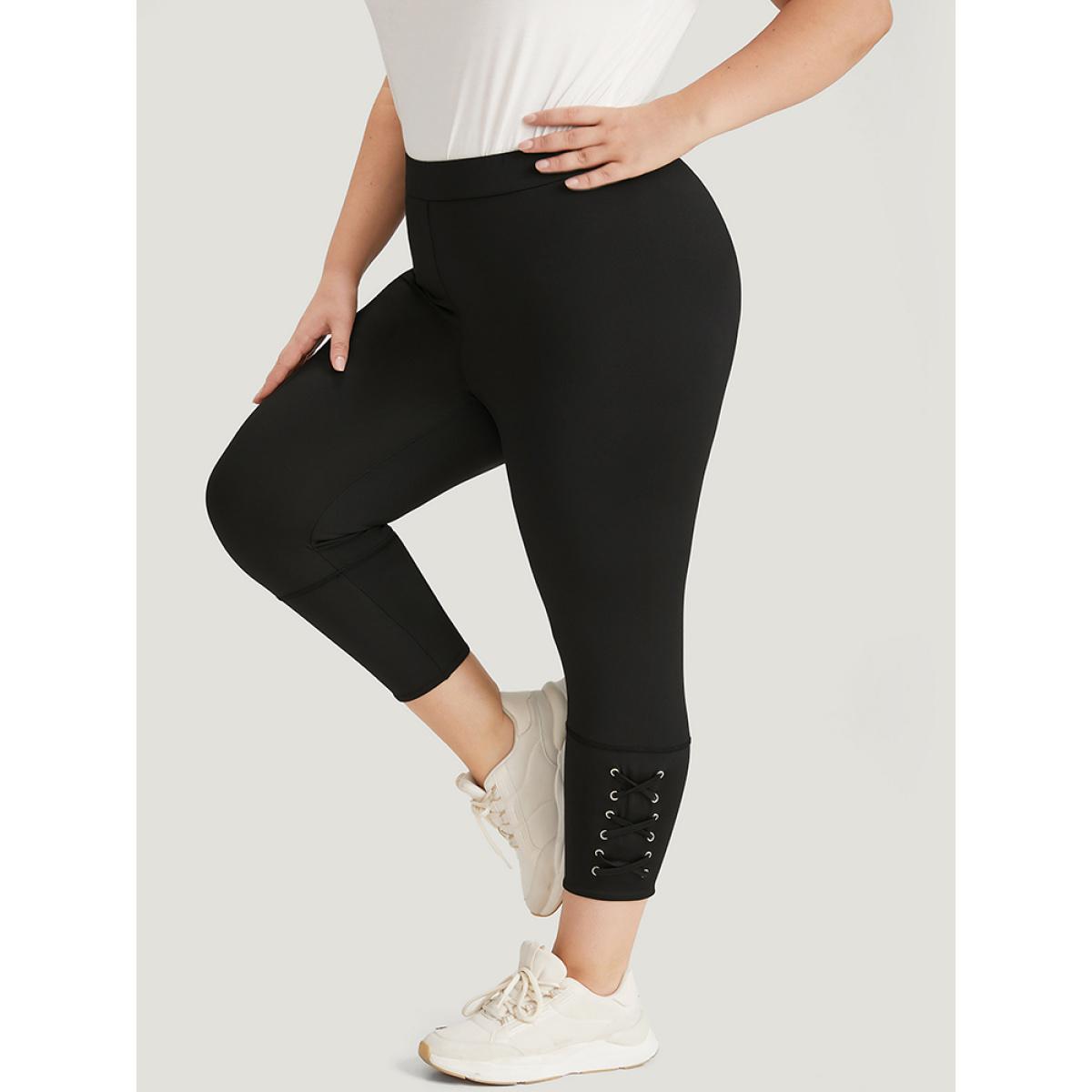 Plus Size Plain Crisscross Hem Elastic Waist Skinny Leggings Women Black Casual No stretch Skinny High Rise Dailywear Leggings BloomChic 18-20/2X Product Image