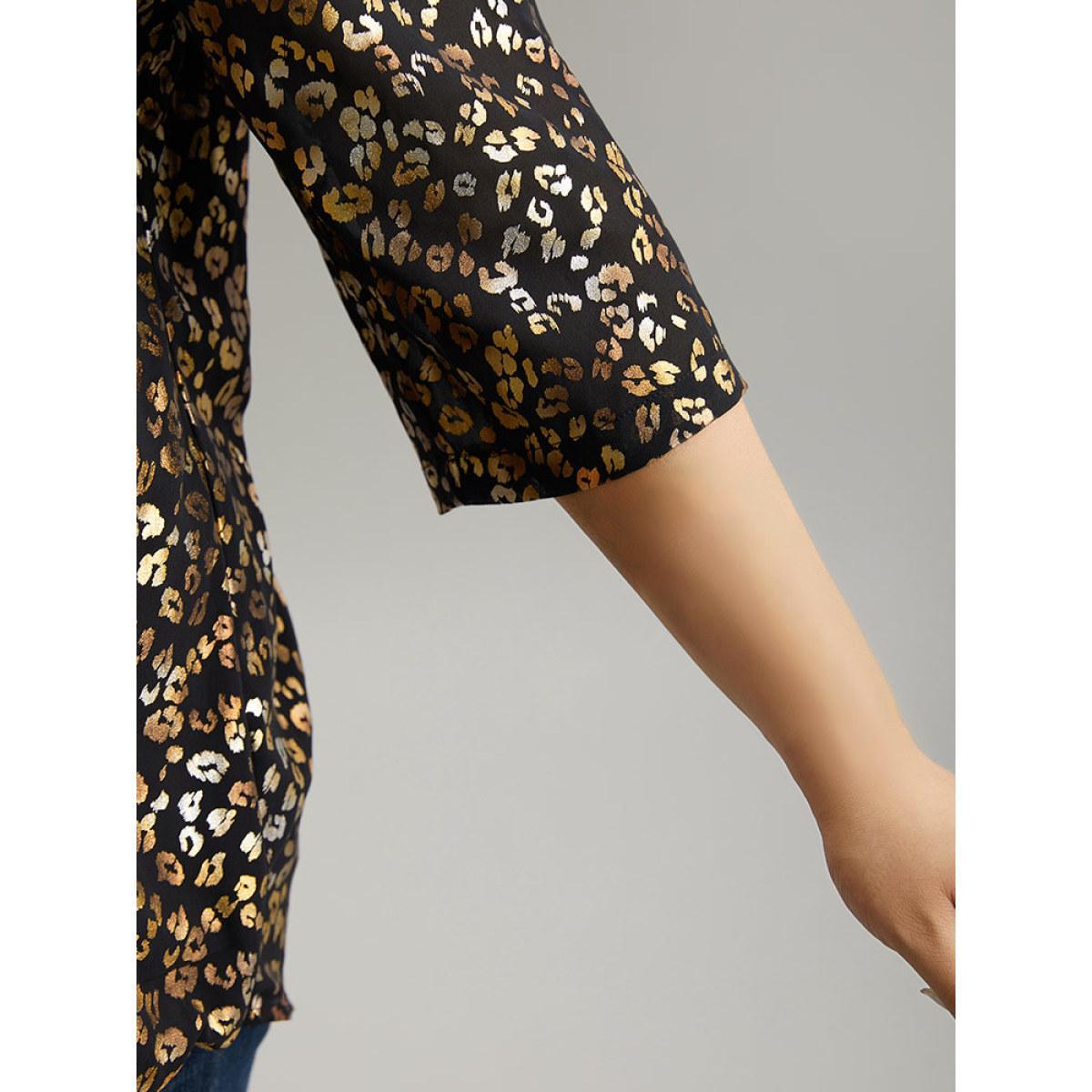Plus Size Black Leopard Glitter Wrap V Neck Blouse Women Glamour Elbow-length sleeve V-neck Going out Blouses BloomChic 12/L Product Image
