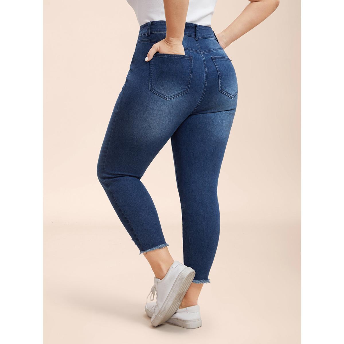 Plus Size Mid-Rise Whiskered Slim-Fit Jeans Women Bluevintage Casual High stretch Slanted pocket Jeans BloomChic 12/L Product Image