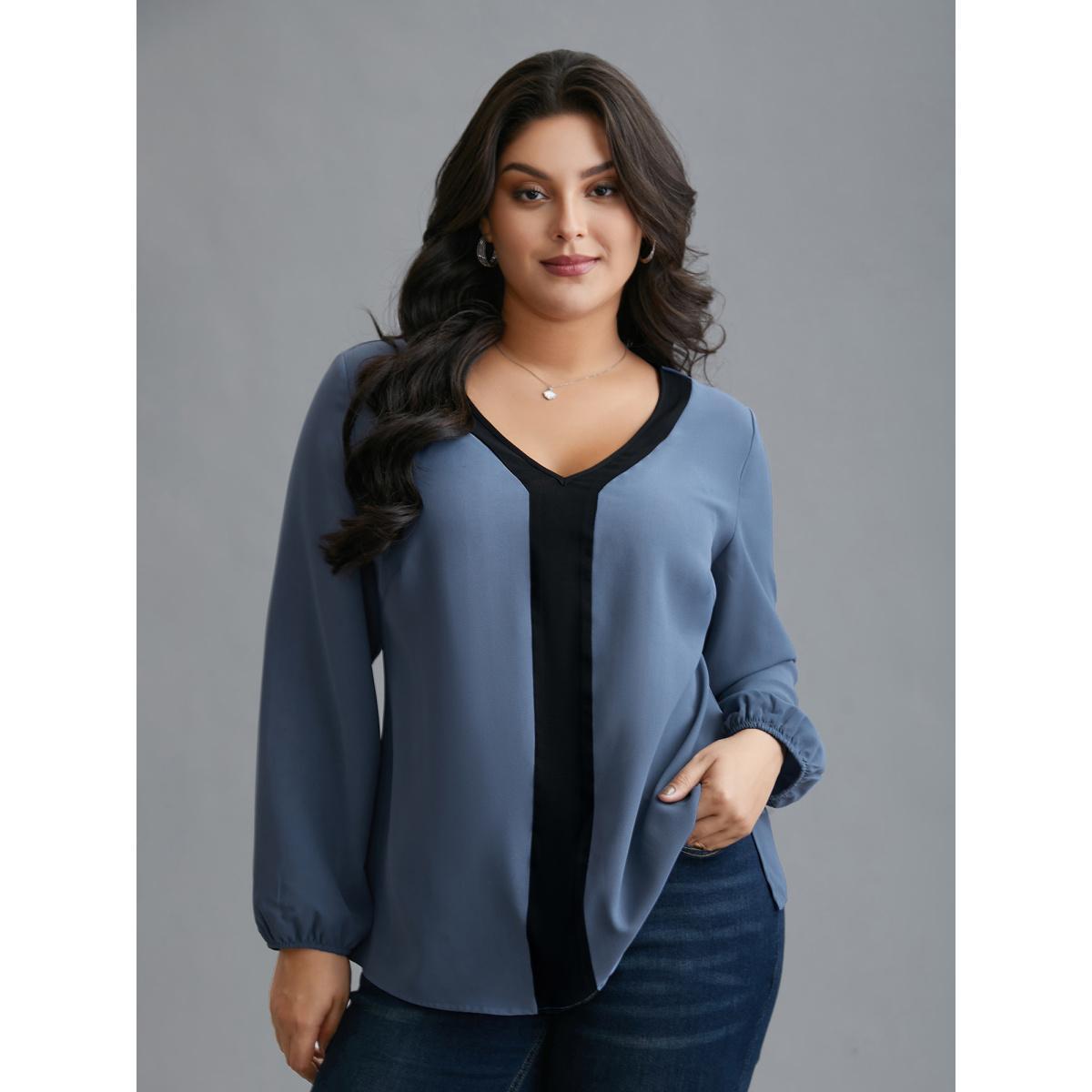 Plus Size Stone Contrasting Panel Lantern Sleeve Shirt Women Elegant Long Sleeve V-neck Everyday Blouses BloomChic 22-24/3X Product Image