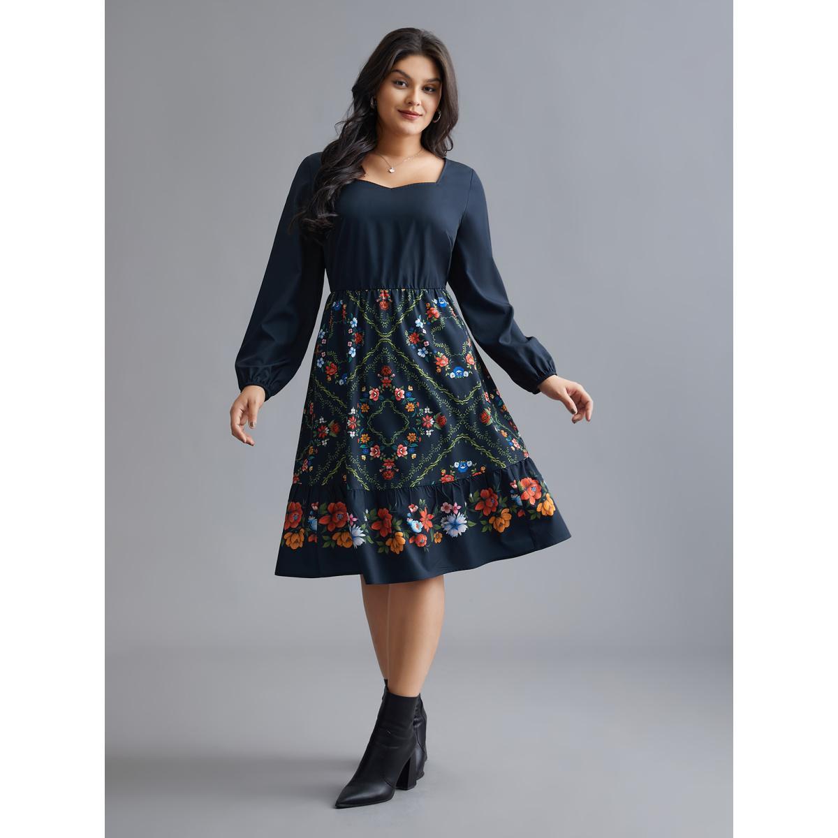 Plus Size Floral Printed Heart neckline Lantern Sleeve Dress DarkBlue Women Elegant Patchwork Heart neckline Long Sleeve Curvy BloomChic 10/M Product Image