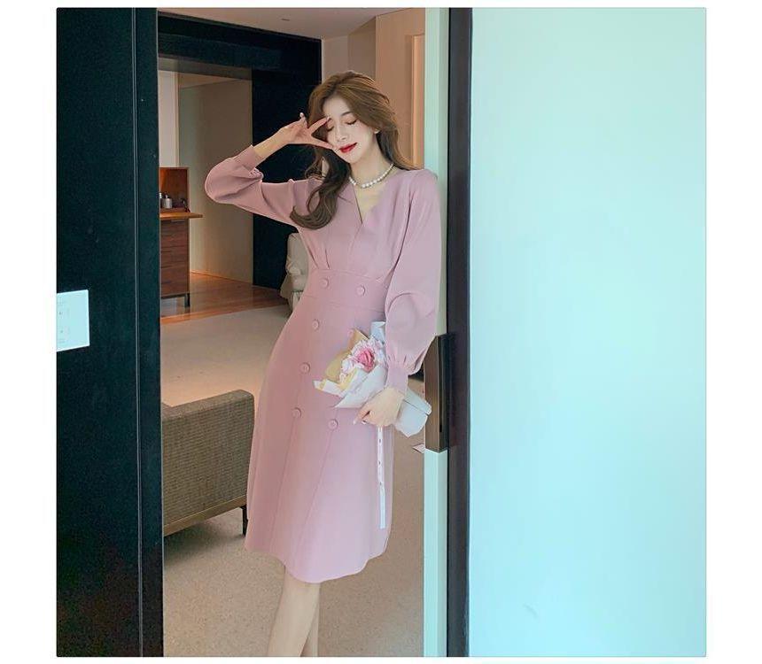 Long-Sleeve V-Neck Plain Double Breasted Midi A-Line Dress Product Image