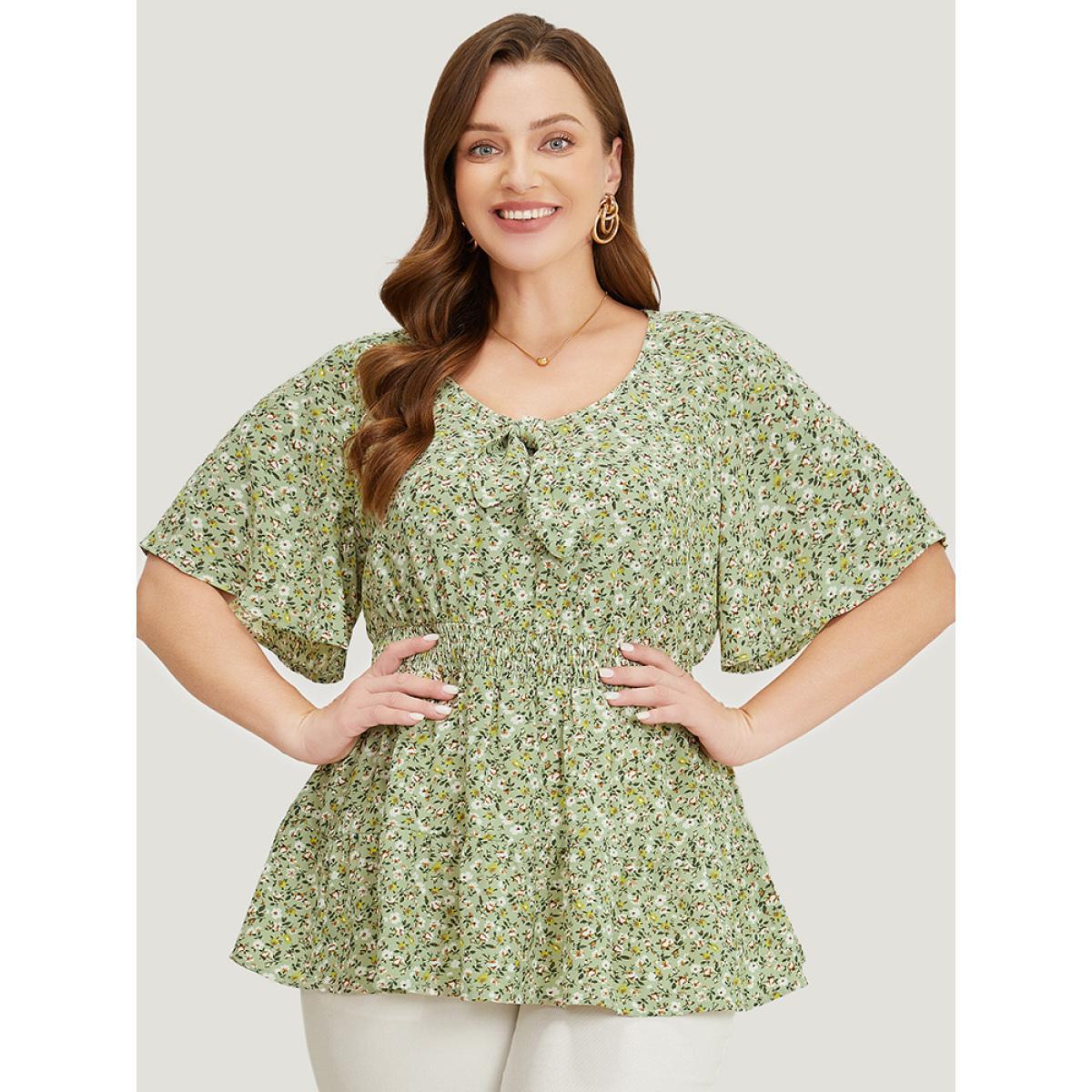 Plus Size Sage Ditsy Floral Knotted Crew Neck Shirred Ruffle Sleeve Blouse Women Elegant Short sleeve Round Neck Dailywear Blouses BloomChic 18-20/2X Product Image