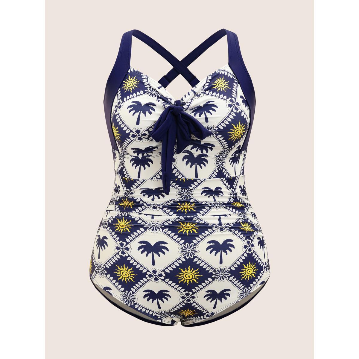 Plus Size Tropical Print Patchwork Gathered Knotted One Piece Swimsuit Women's Swimwear Indigo Beach Gathered Curve Bathing Suits High stretch One Pieces BloomChic 14-16/1X Product Image