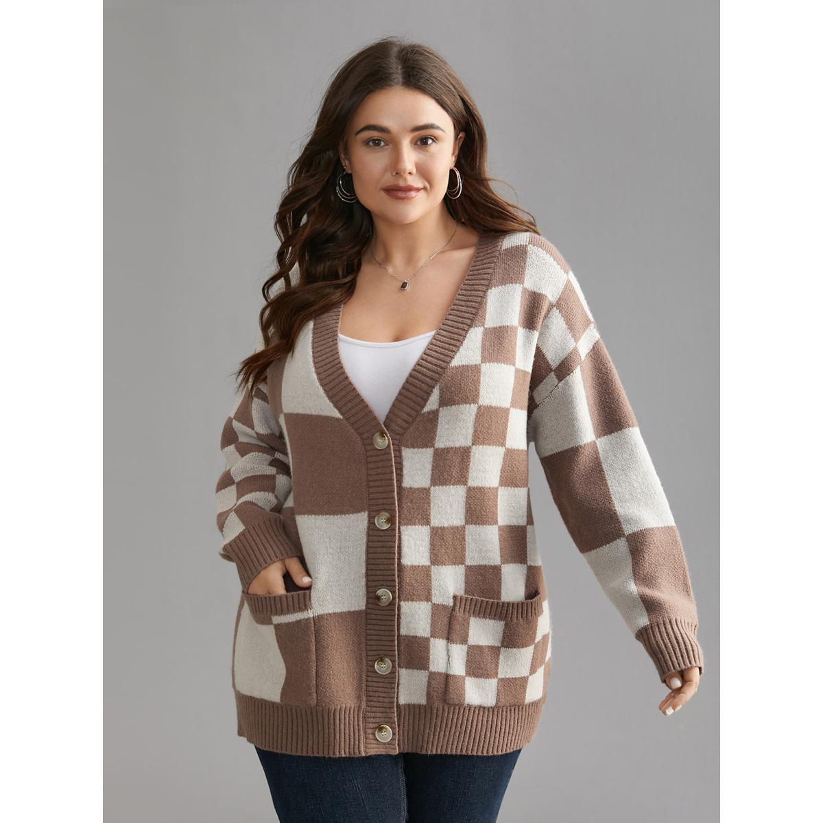 Plus Size Checkered V-Neck Button Front Knit Cardigan LightBrown Women Casual Loose Long Sleeve Everyday Cardigans BloomChic 28/5X Product Image