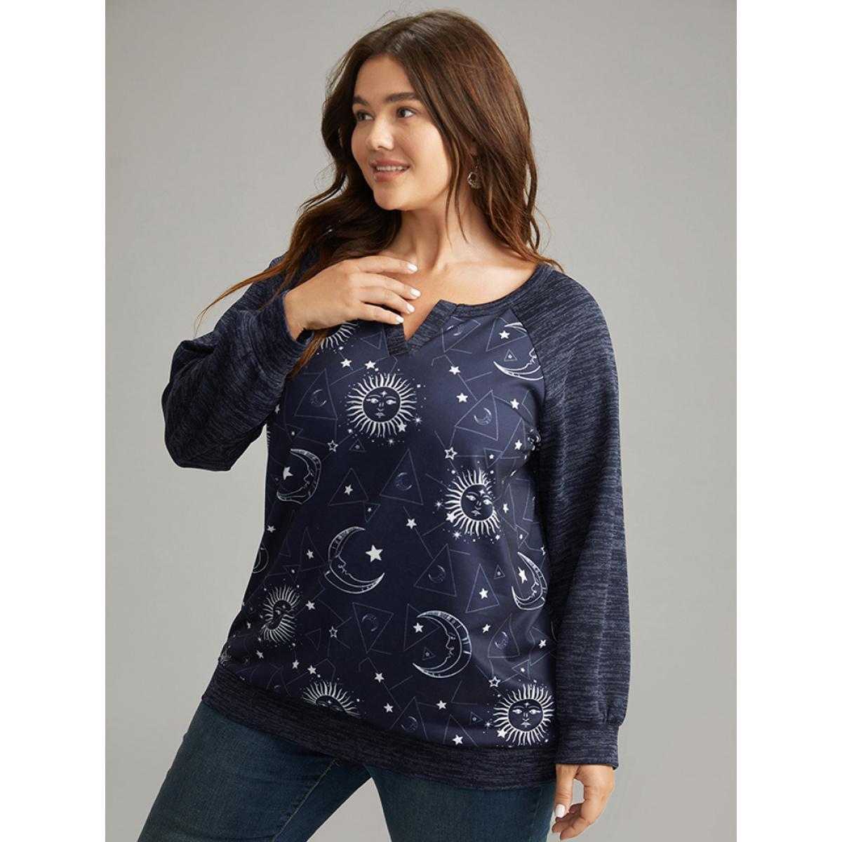 Plus Size Halloween Moon & Star Notched Raglan Sleeve Sweatshirt Women Indigo Casual Elastic cuffs Notched collar Festival-Halloween Sweatshirts BloomChic 18-20/2X Product Image