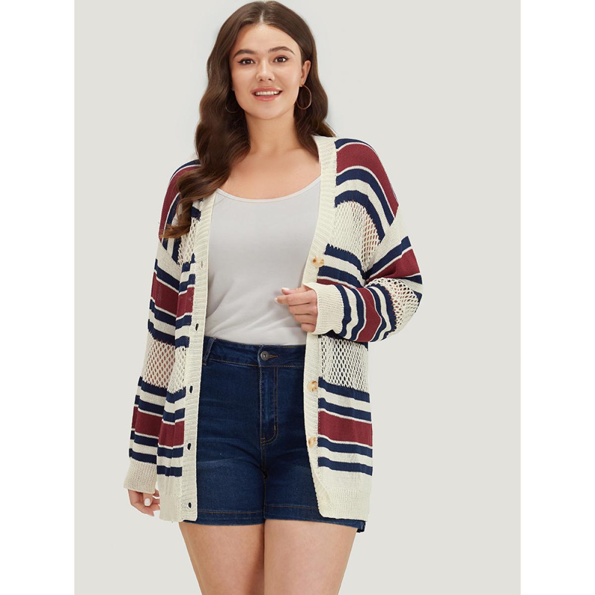 Plus Size Striped Hollow Out Patchwork Button Detail Cardigan Beige Women Casual Loose Long Sleeve Everyday Cardigans BloomChic 12/L Product Image