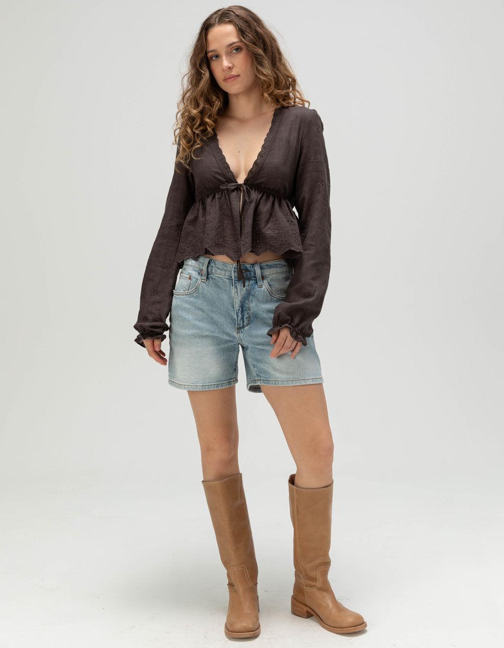 RSQ Womens Crochet Long Sleeve Tie Front Top - GRAY Product Image