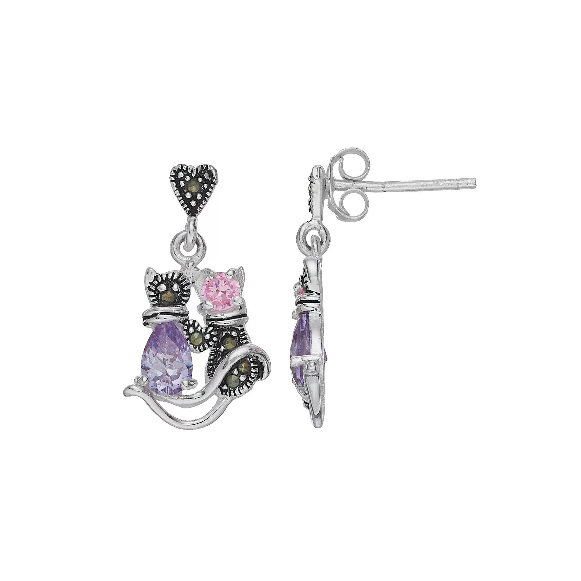 Tori Hill Sterling Silver Cubic Zirconia & Marcasite Cat Drop Earrings, Women's Product Image