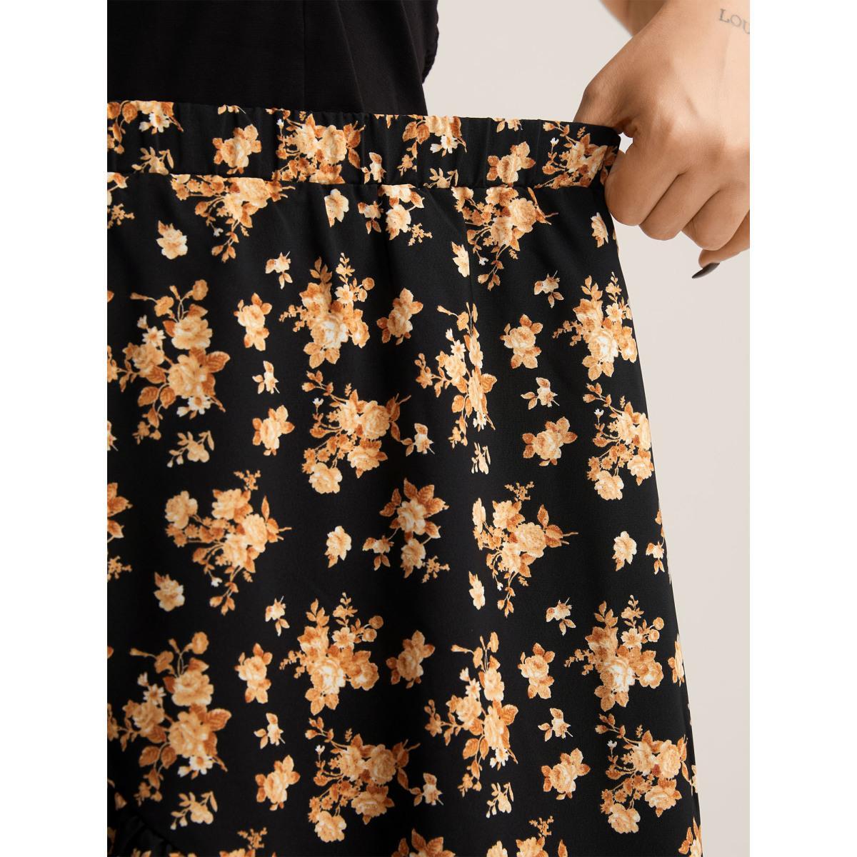 Plus Size Ditsy Floral High Low Hem Midi Skirt Women Black Asymmetrical Loose No stretch Side seam pocket Everyday-Elegant Skirts BloomChic 18-20/2X Product Image