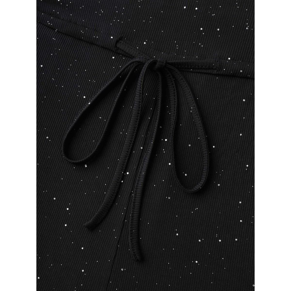 Plus Size Black Sequins Waist-Tie Wide-Leg Jumpsuit Women Sleeveless V-neck Everyday-Casual Loose Jumpsuits BloomChic 12/L Product Image