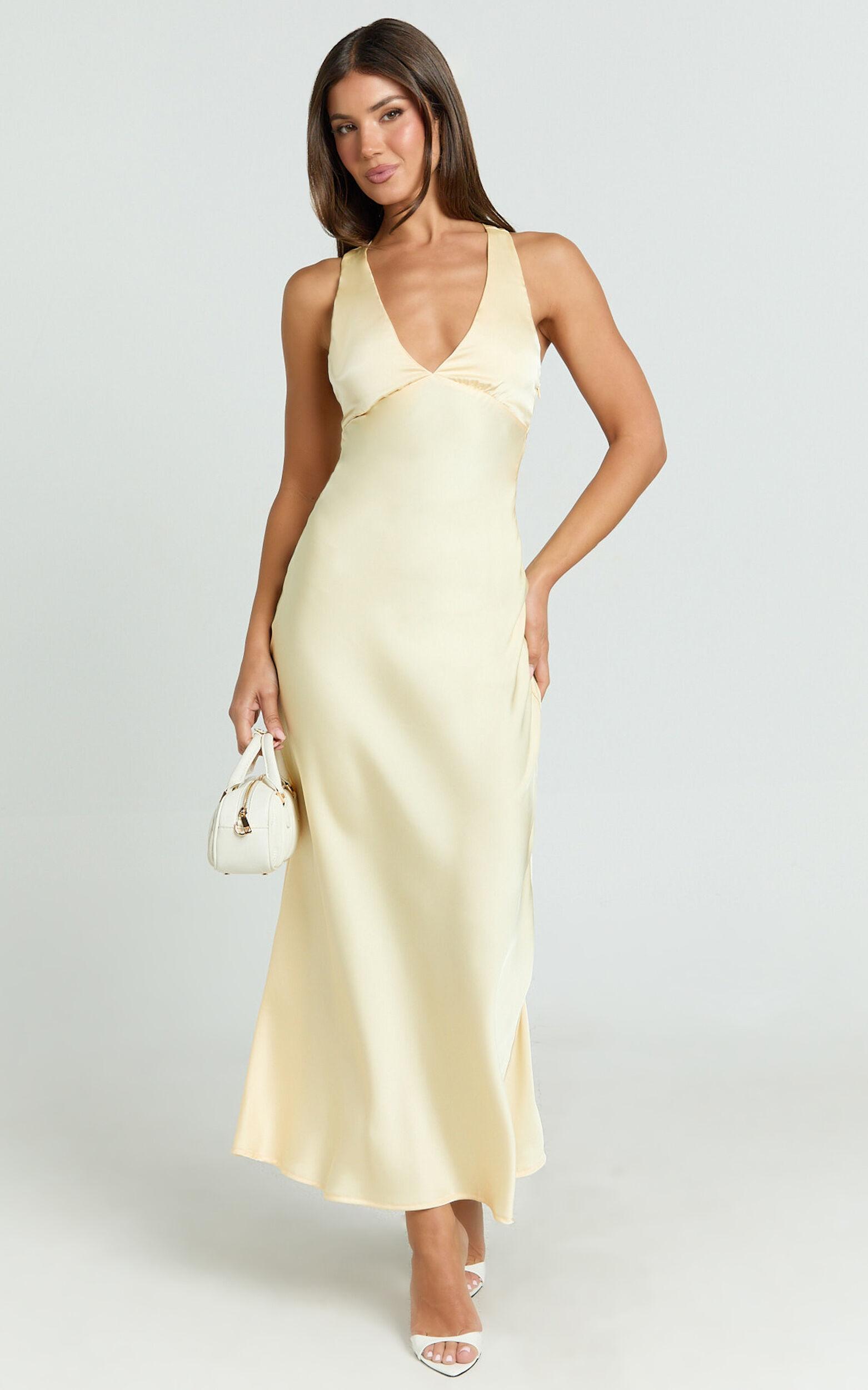 Khalani Midi Dress - Deep V Neck Satin Slip Dress in Butter Yellow Product Image