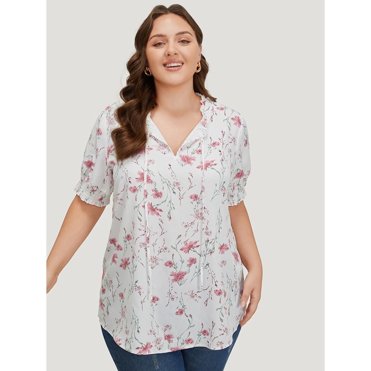 Plus Size White Floral Knot Frill Trim Shirred Lantern Sleeve Blouse Women Elegant Short sleeve Tie Neck Dailywear Blouses BloomChic 26/4X Product Image