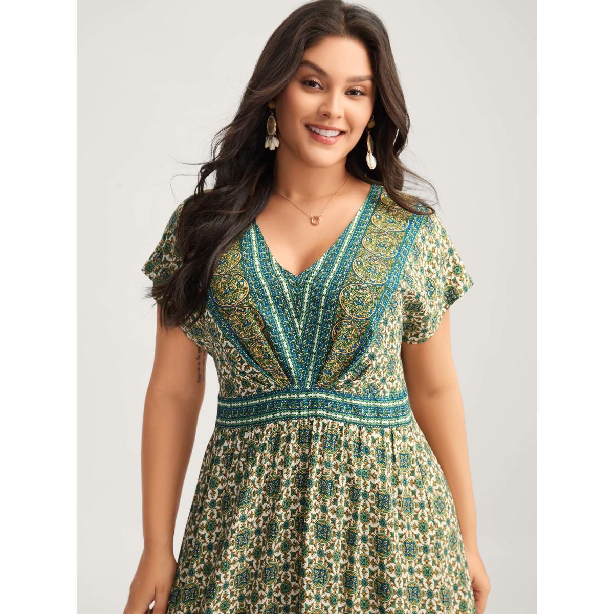 Plus Size Rayon Floral Boho Print Pockets Midi Dress Multicolor Women Shirred V-neck Short sleeve Curvy BloomChic 28/5X Product Image