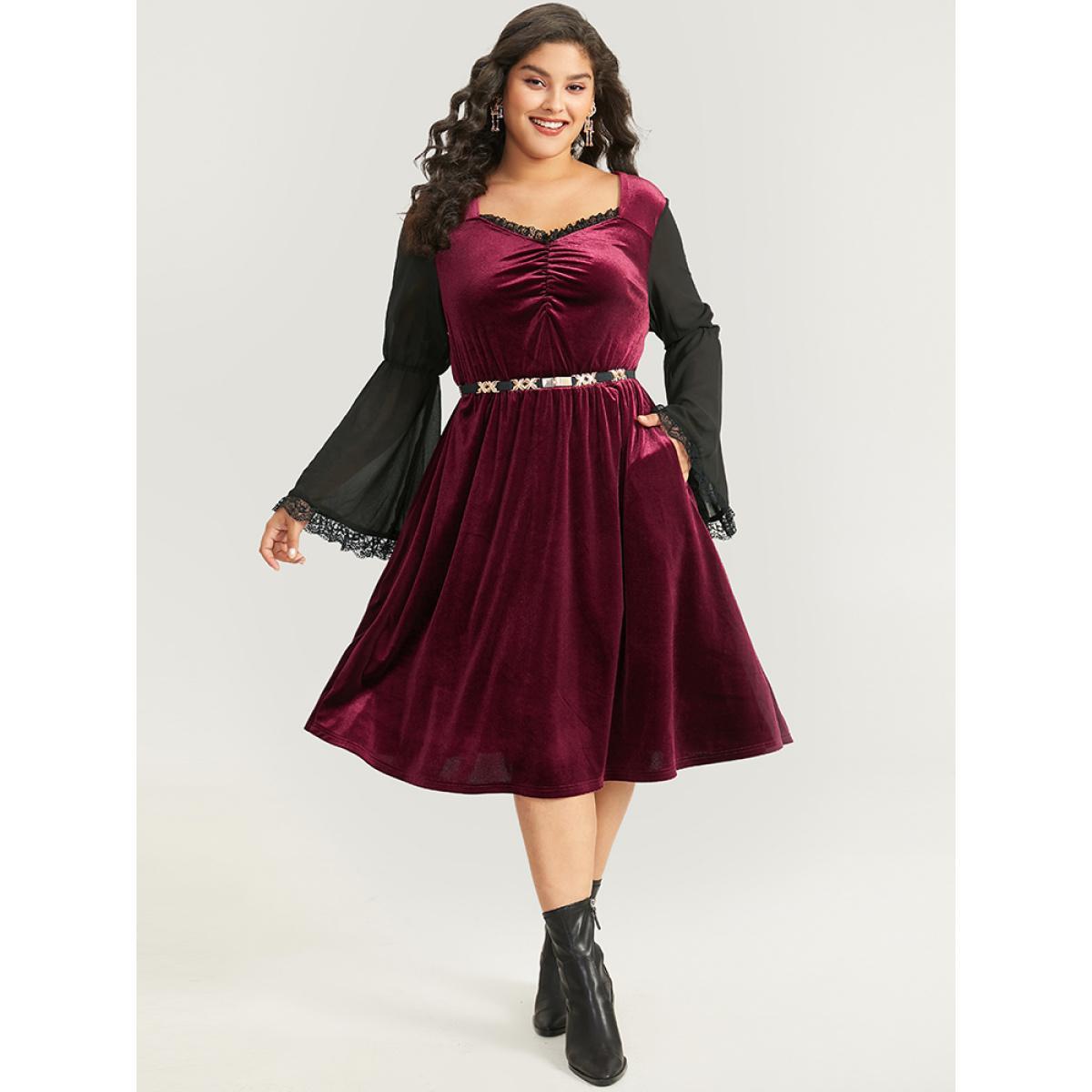 Plus Size Halloween Two Tone Velvet Ruched Lace Panel Bell Sleeve Dress Burgundy Women Elegant Gathered Square Neck Long Sleeve Curvy Midi Dress BloomChic 26/4X Product Image