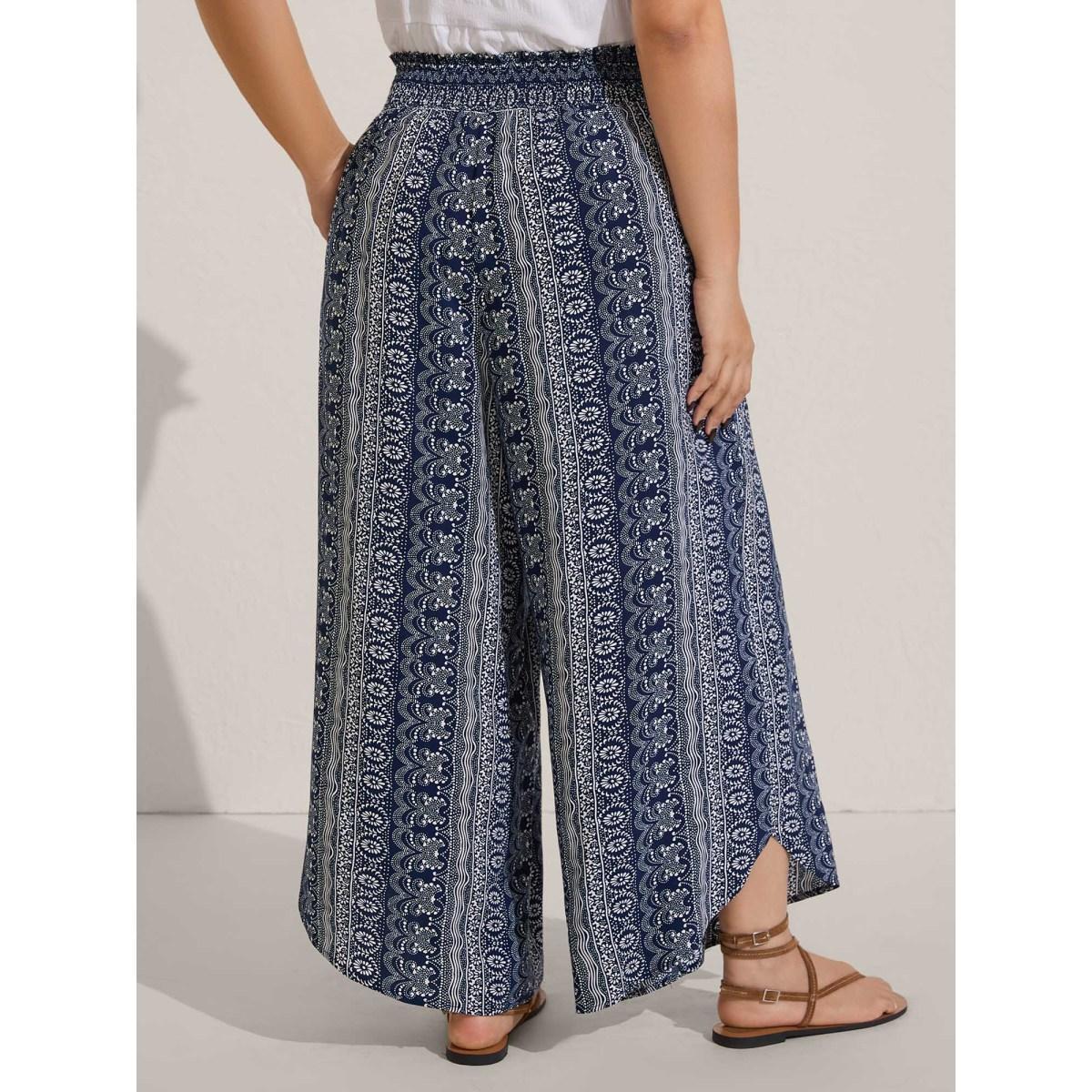 Plus Size Boho Print Shirred Waist Wide-Leg Pants Women Indigo Resort Wide Leg Mid Rise Vacation Pants BloomChic 12/L Product Image