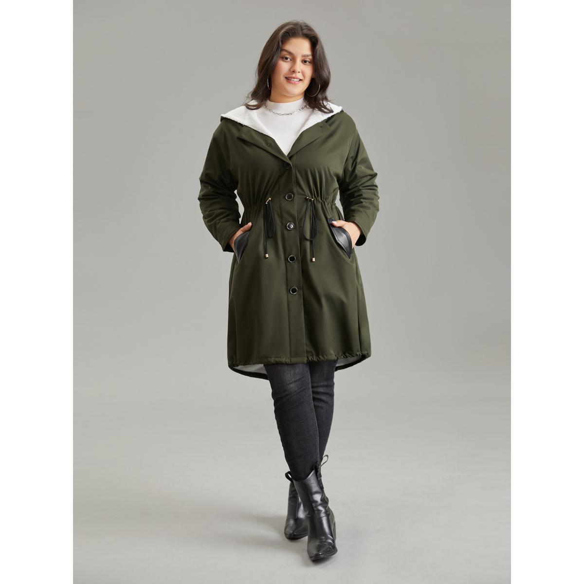 Plus Size Patchwork Fuzzy PU Leather Drawstring Coat Women ArmyGreen Casual Contrast Ladies Dailywear Winter Coats BloomChic 14-16/1X Product Image