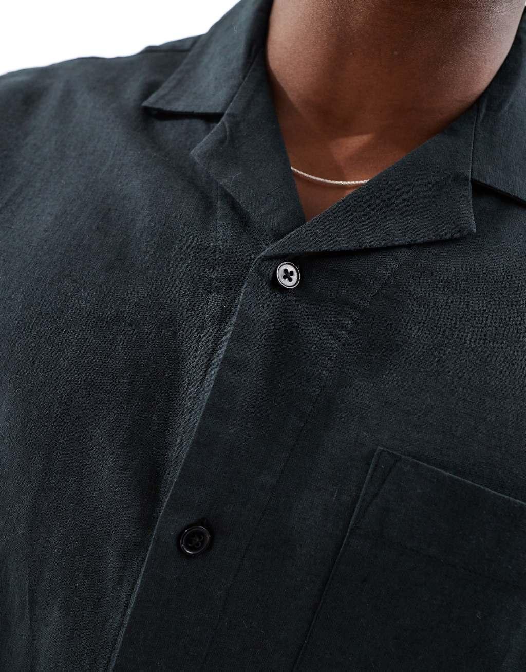 ASOS DESIGN relaxed revere linen blend shirt in black Product Image