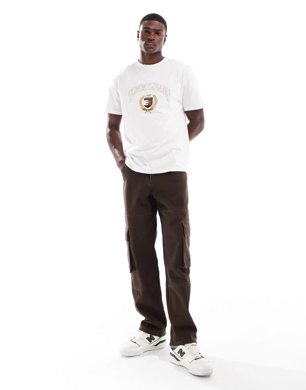 Tommy Jeans gold crest logo t-shirt in off white Product Image