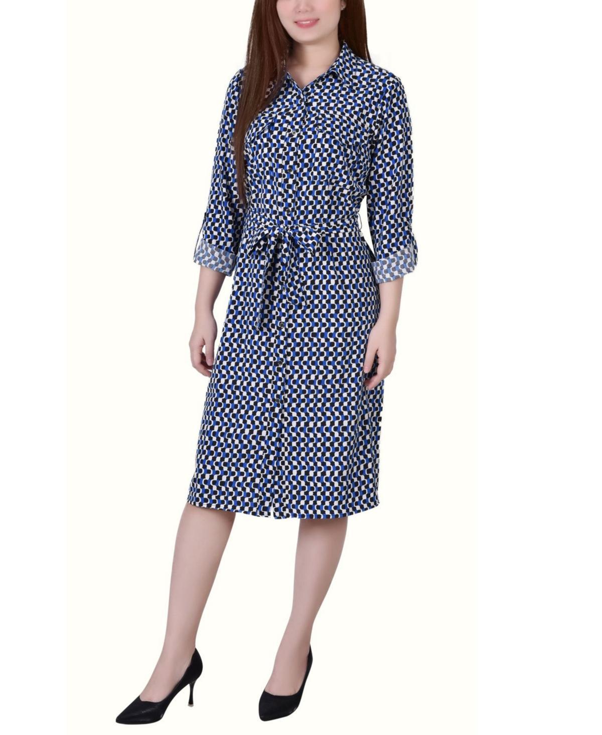 Ny Collection Petite Printed Long Sleeve Roll Tab Shirtdress Product Image