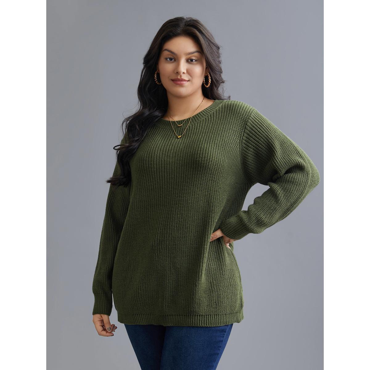 Plus Size Plain Hollow Out Cable Knit Pullover Moss Women Casual Loose Long Sleeve Round Neck Everyday Pullovers BloomChic 22-24/3X Product Image