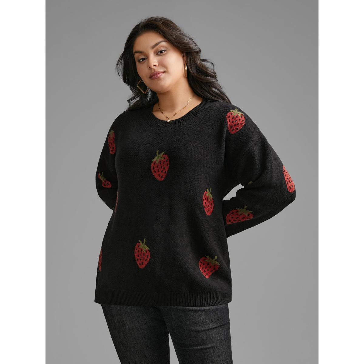 Plus Size Strawberry Jacquard Drop Shoulder Sleeve Pullover Black Women Casual Loose Long Sleeve Round Neck Everyday Pullovers BloomChic 28/5X Product Image
