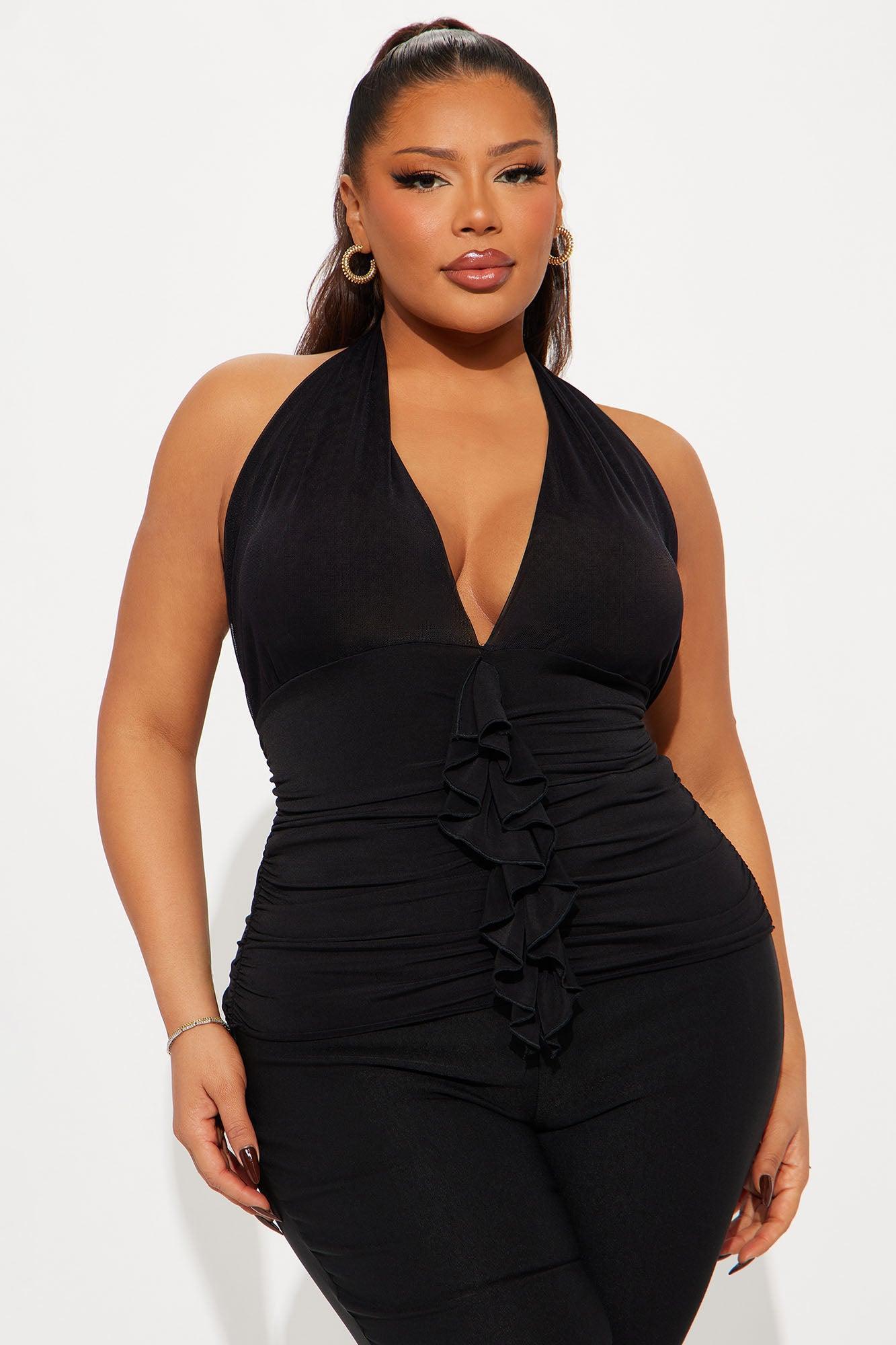My Darling Ruched Ruffle Halter Top - Black Product Image