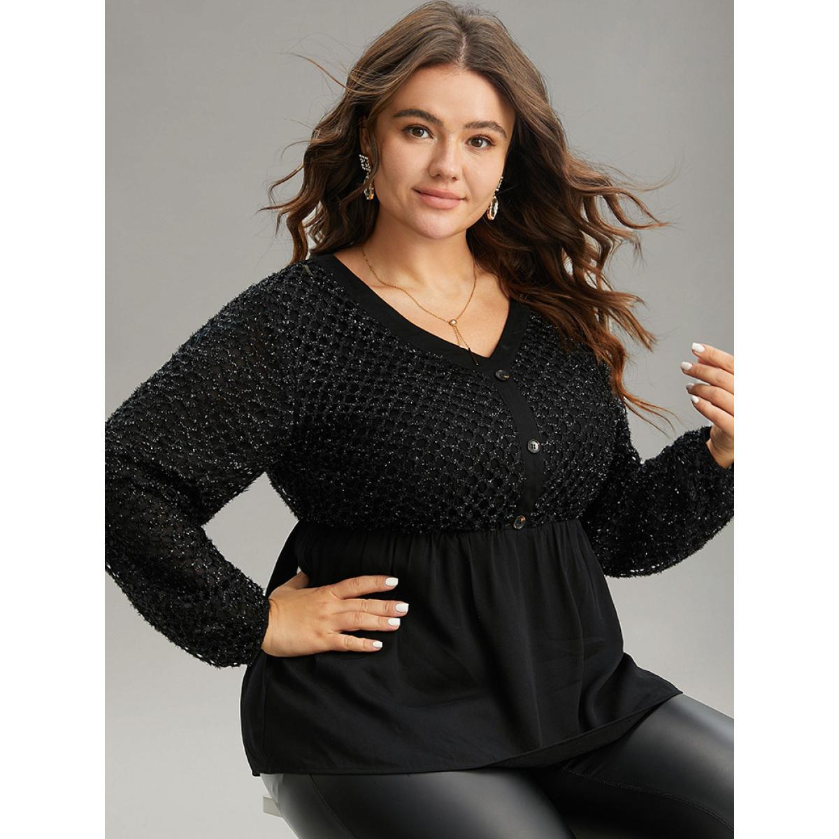 Plus Size Black Glitter Mesh Patchwork Lantern Sleeve Blouse Women Glamour Long Sleeve V-neck Festival-Christmas Blouses BloomChic 18-20/2X Product Image