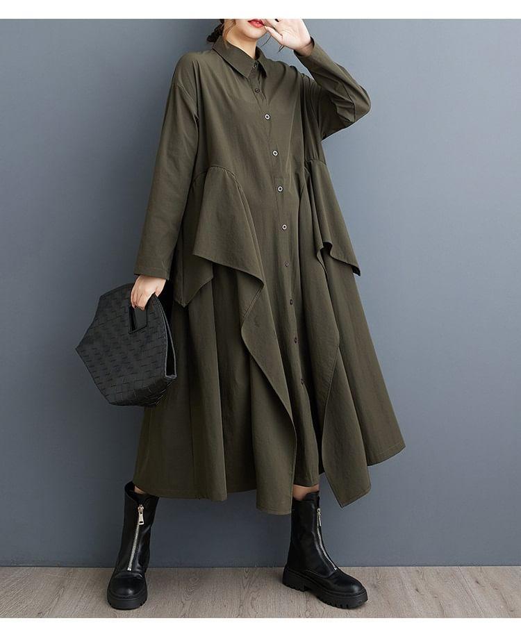 Long Sleeve Collared Plain Ruffle Midi A-Line Shirt Dress Product Image