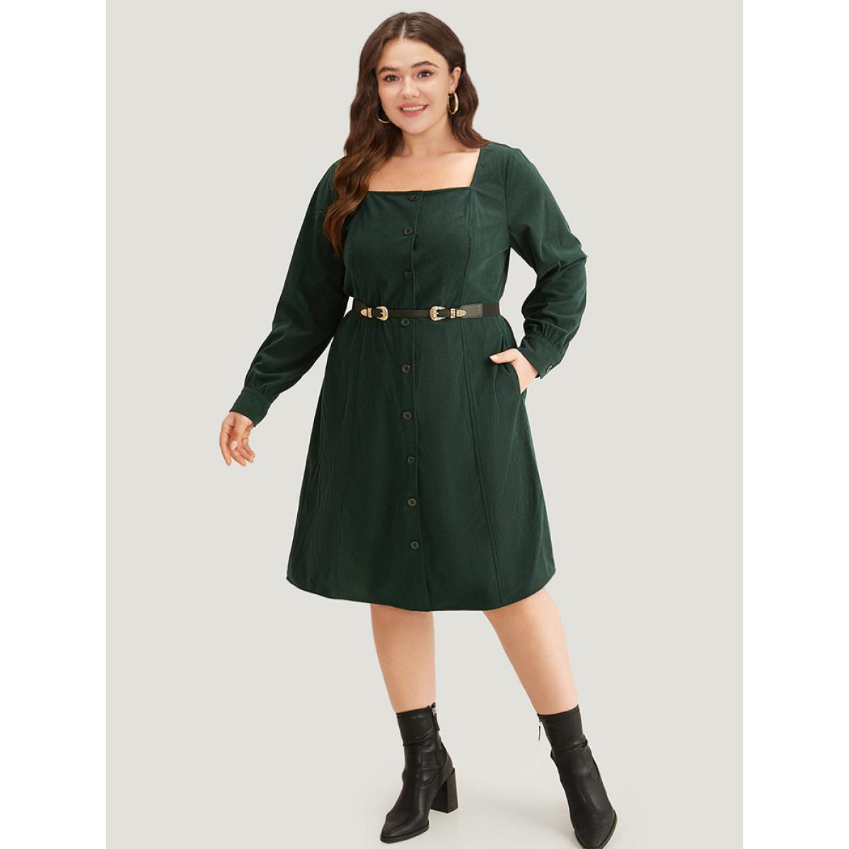 Plus Size Corduroy Plain Pocket Button Detail Dress DarkGreen Women Elegant Gathered Square Neck Long Sleeve Curvy Midi Dress BloomChic 30/6X Product Image