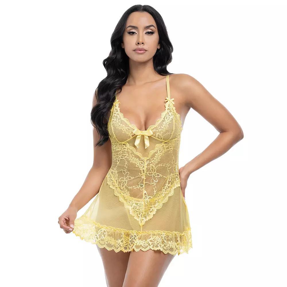 Oh La La Cheri Valentine Soft Cup Lace Babydoll & G-String Lingerie Set 2139, Women's, Size: XL, Pale Banana Product Image
