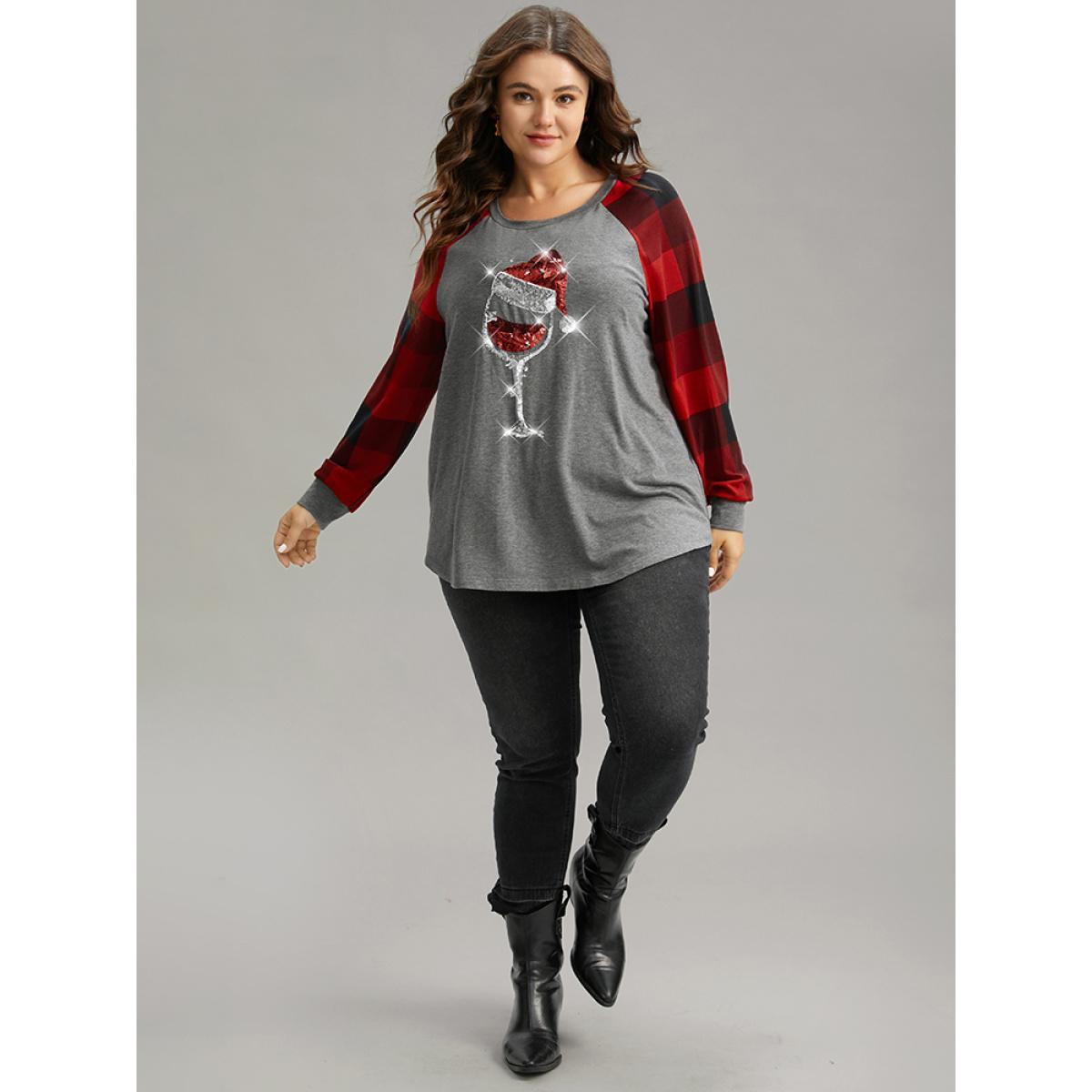Plus Size Christmas Sequin Plaid Patchwork T-shirt Gray Women Casual Sequin Christmas Festival-Christmas T-shirts BloomChic 30/6X Product Image