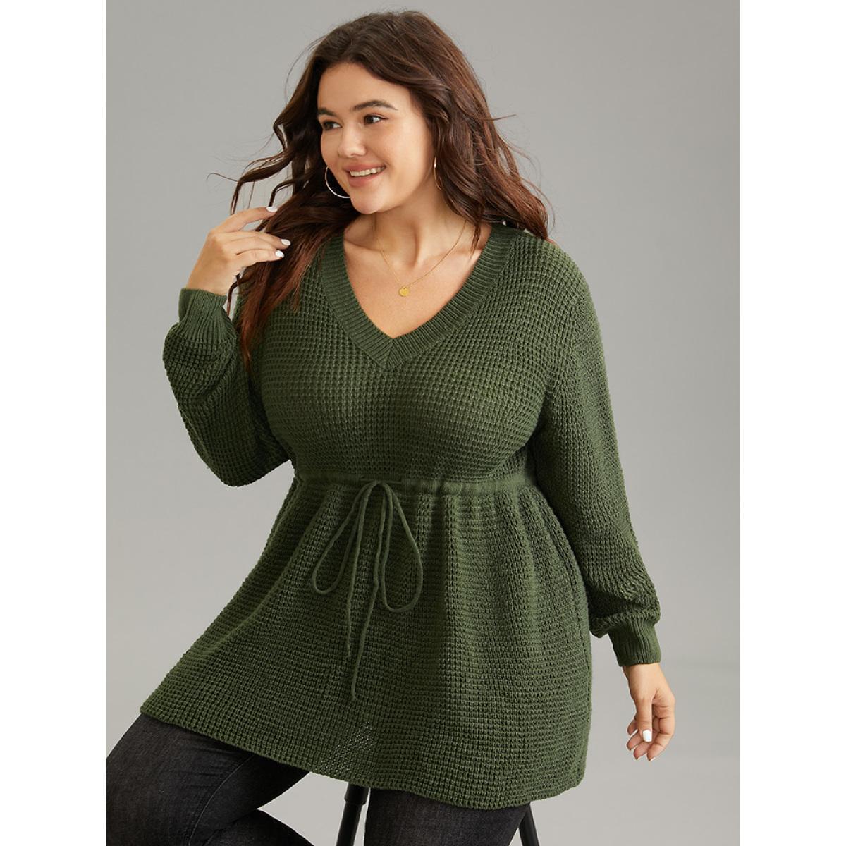 Plus Size Solid Drawstring Curved Hem Knit Pullover ArmyGreen Women Casual Long Sleeve V-neck Everyday Pullovers BloomChic 10/M Product Image