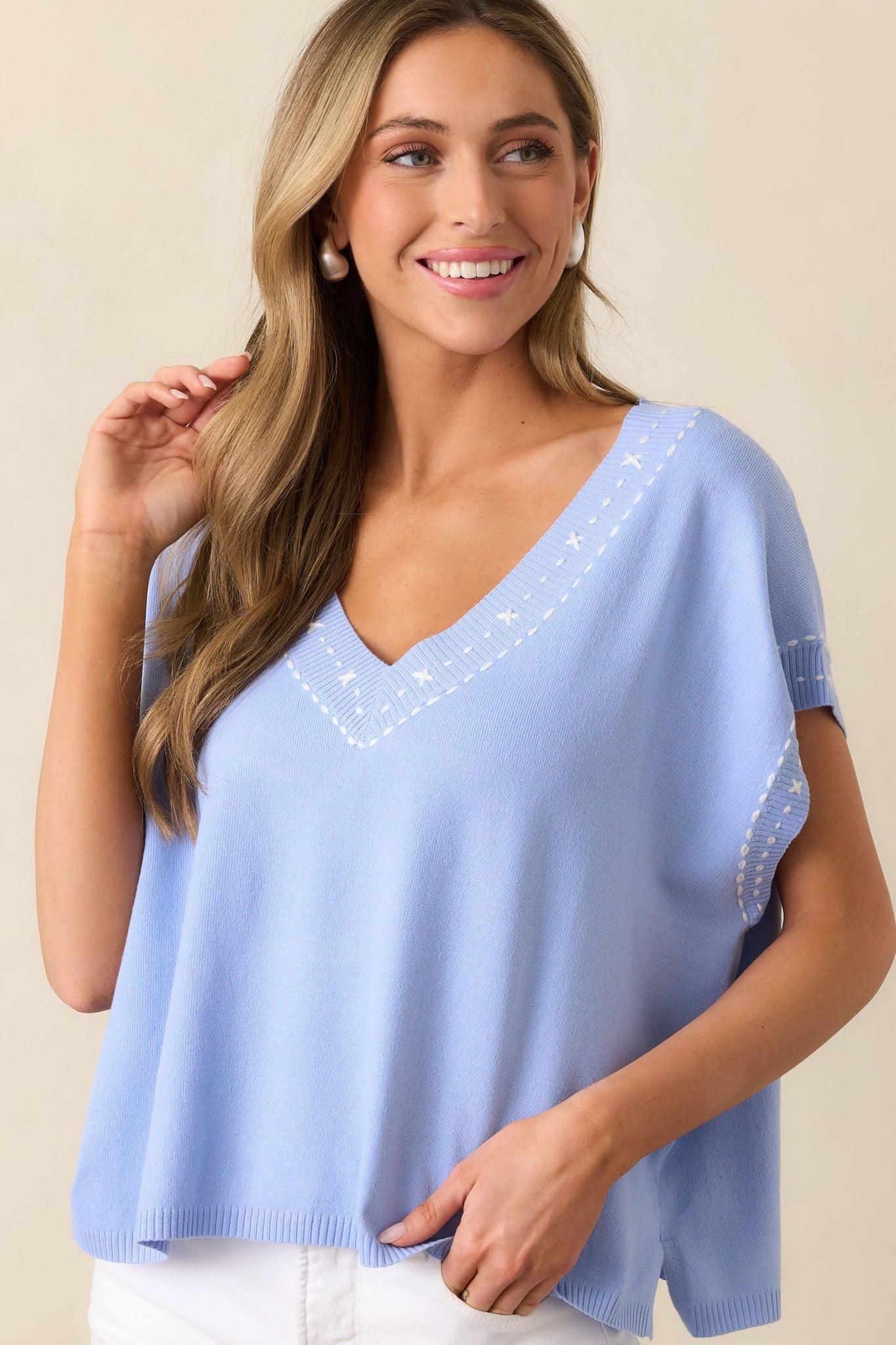 Horizons Ahead Blue V-Neckline Knit Top Product Image
