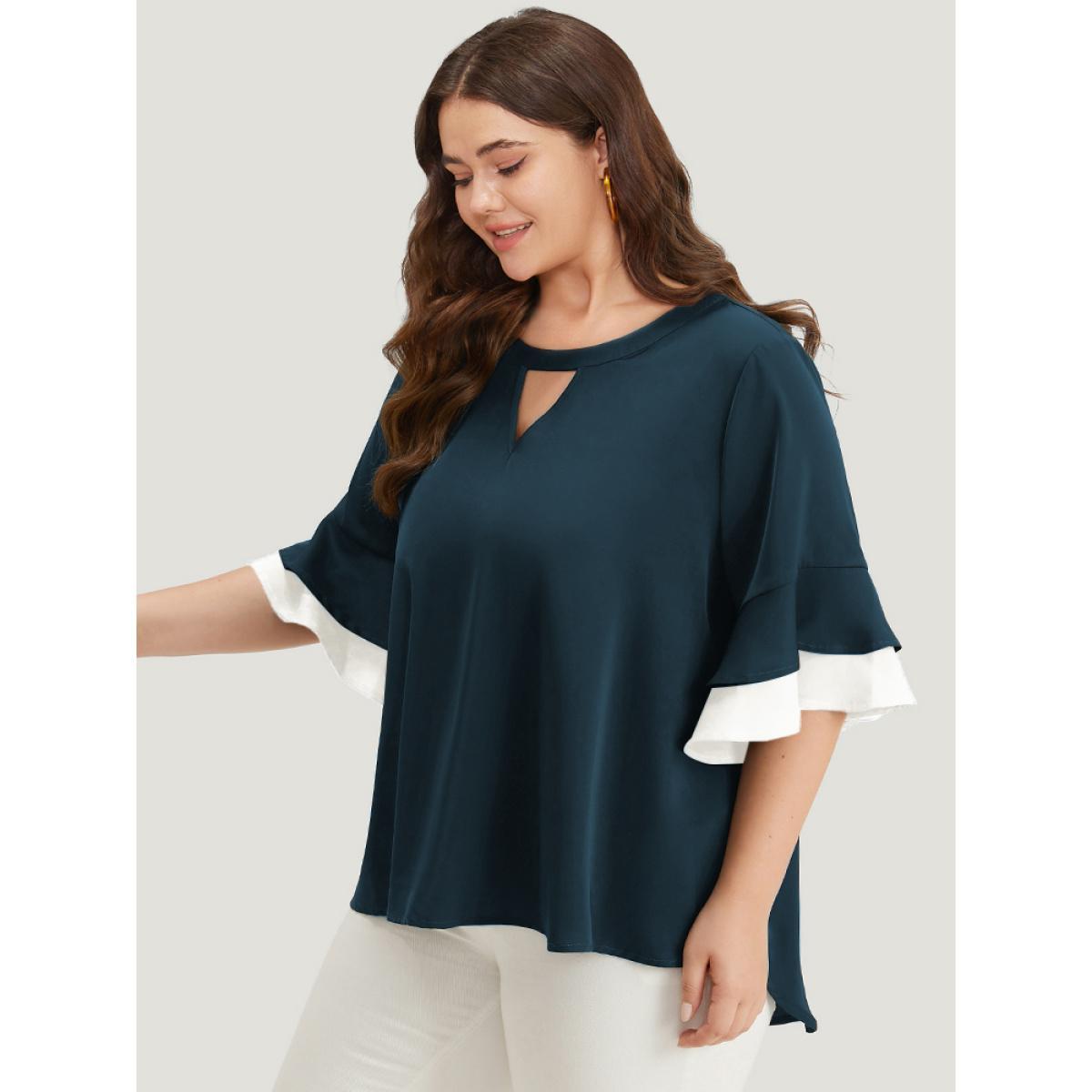 Plus Size Cyan Anti-Wrinkle Plain Keyhole Ruffle Layered Sleeve Blouse Women Office Half Sleeve Round Neck Work Blouses BloomChic 18-20/2X Product Image