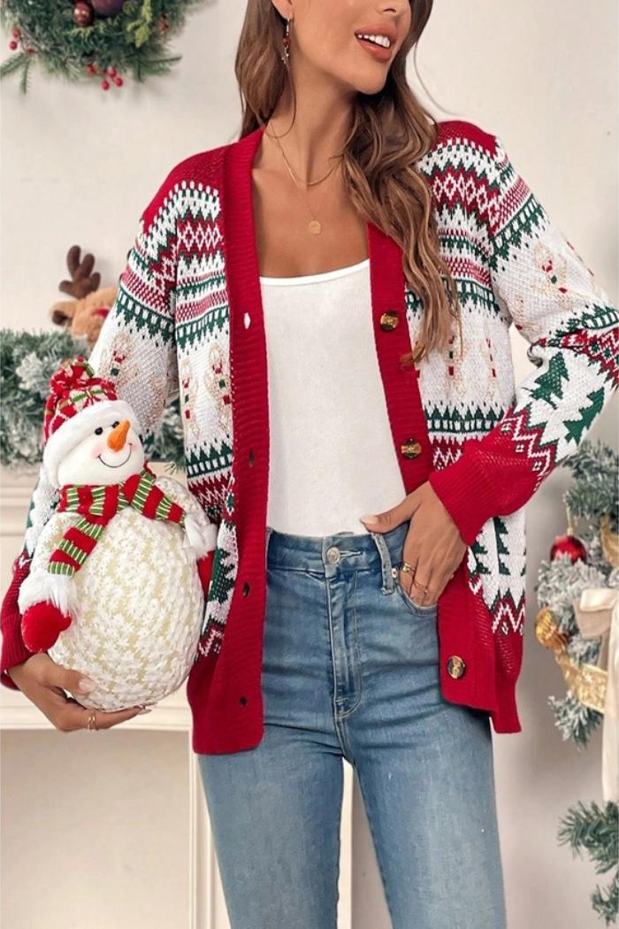 Christmas Print Knit Button-Down Loose Cardigan Product Image
