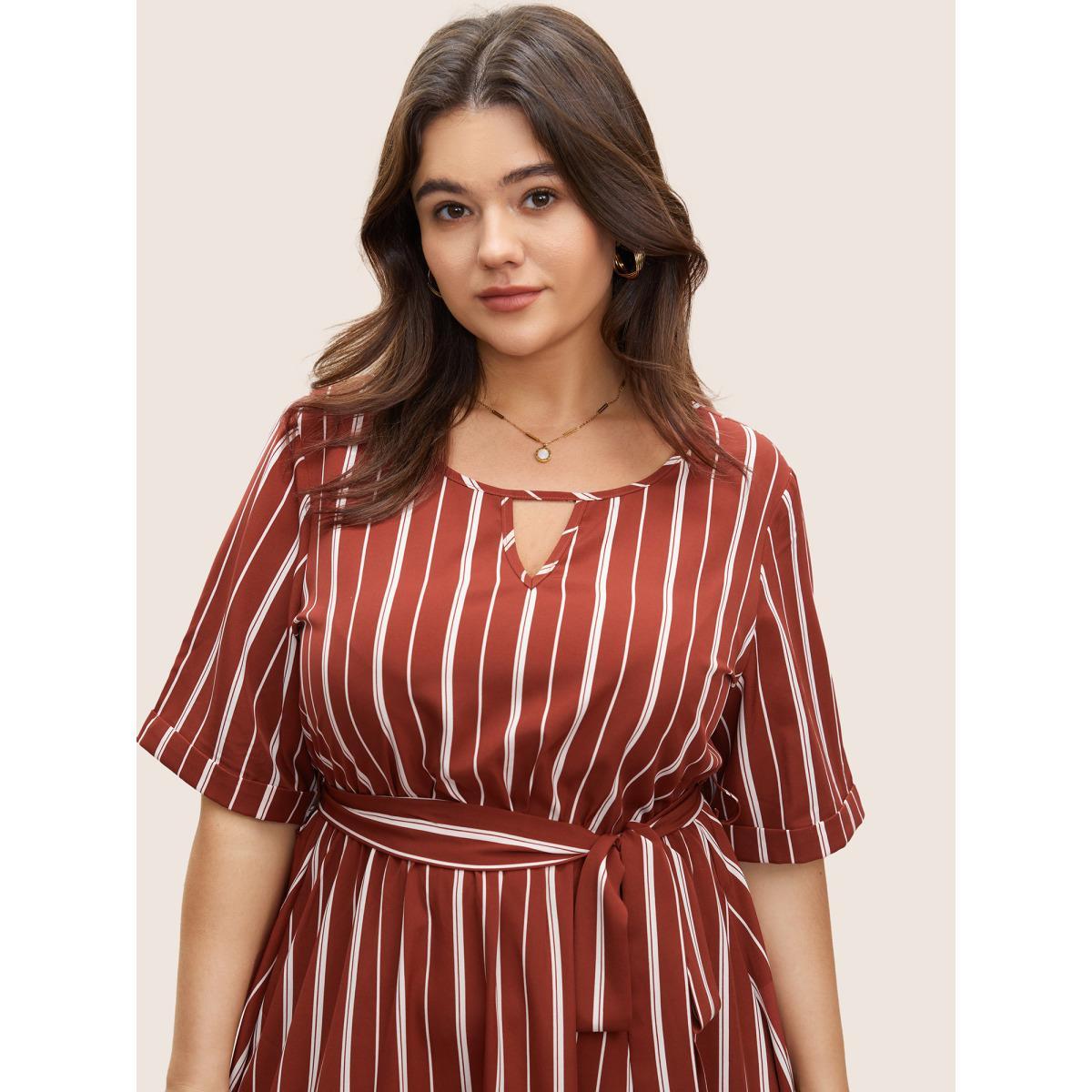 Plus Size Striped Keyhole Pocket Belted Elastic Waist Dress Russet Women At the Office Non Notched collar Half Sleeve Curvy Midi Dress BloomChic 28/5X Product Image